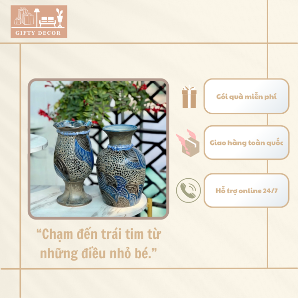 Bình Hoa Gốm Bát Tràng Khắc Thủ Công Hoạ Tiết Thuỷ Vân Cổ Thạch ,Lọ Hoa Men Mộc Trang Trí Không Gian Đẹp, Sang Trọng